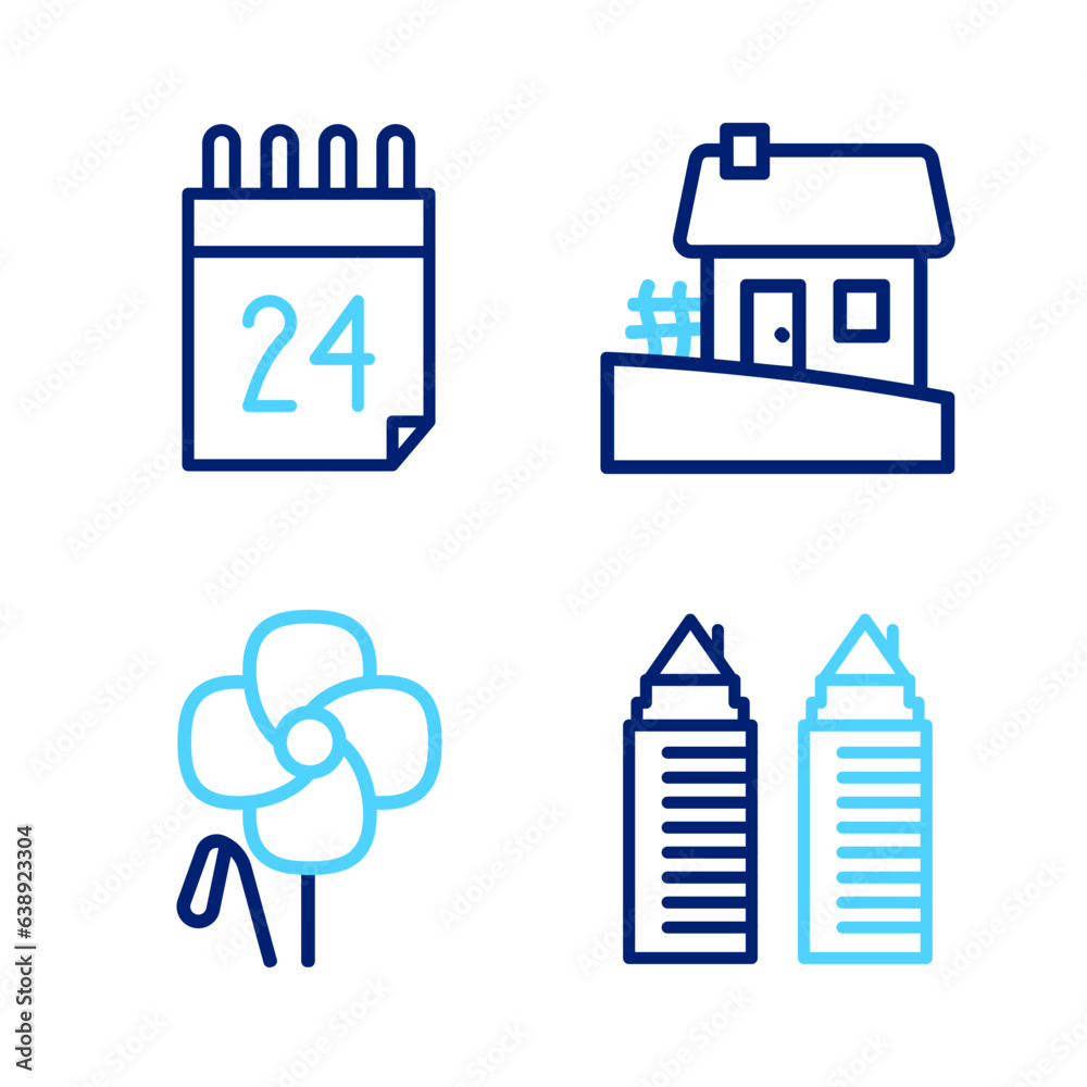 Set line Two towers in Dnipro, Poppy flower, Ukrainian house and Independence day of Ukraine icon. Vector