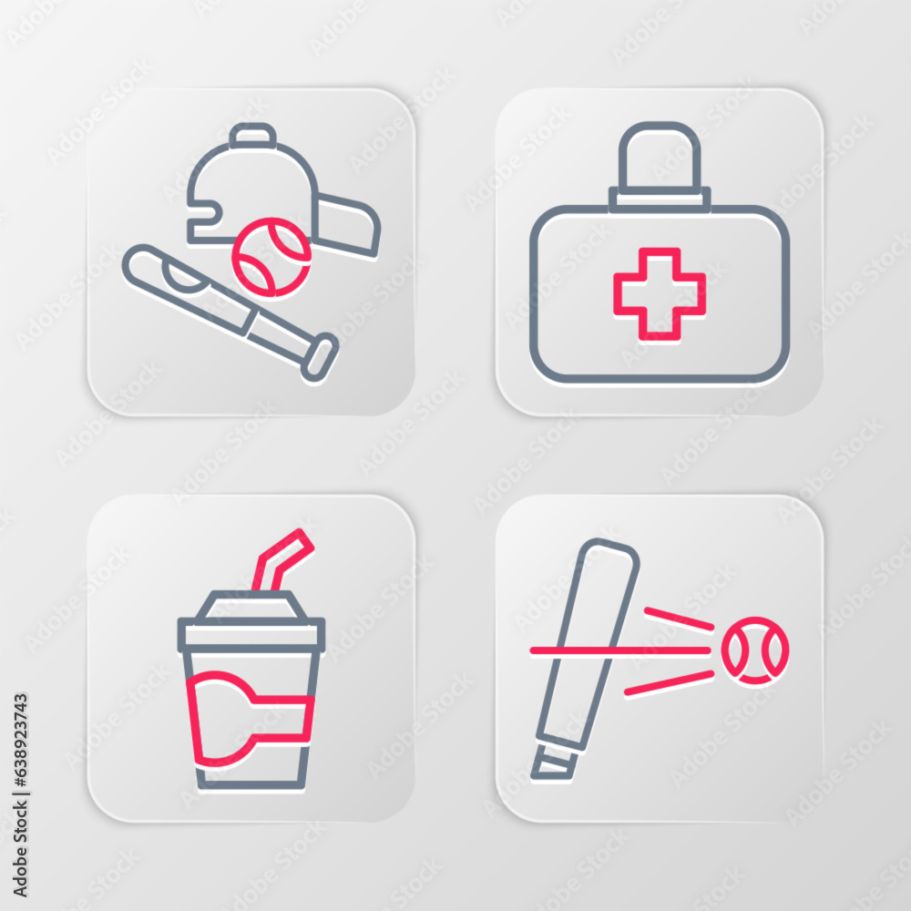 Set line Baseball bat with ball, Paper glass water, First aid kit and hat icon. Vector Set line Baseball bat with ball, Paper glass water, First aid kit and hat icon. Vector