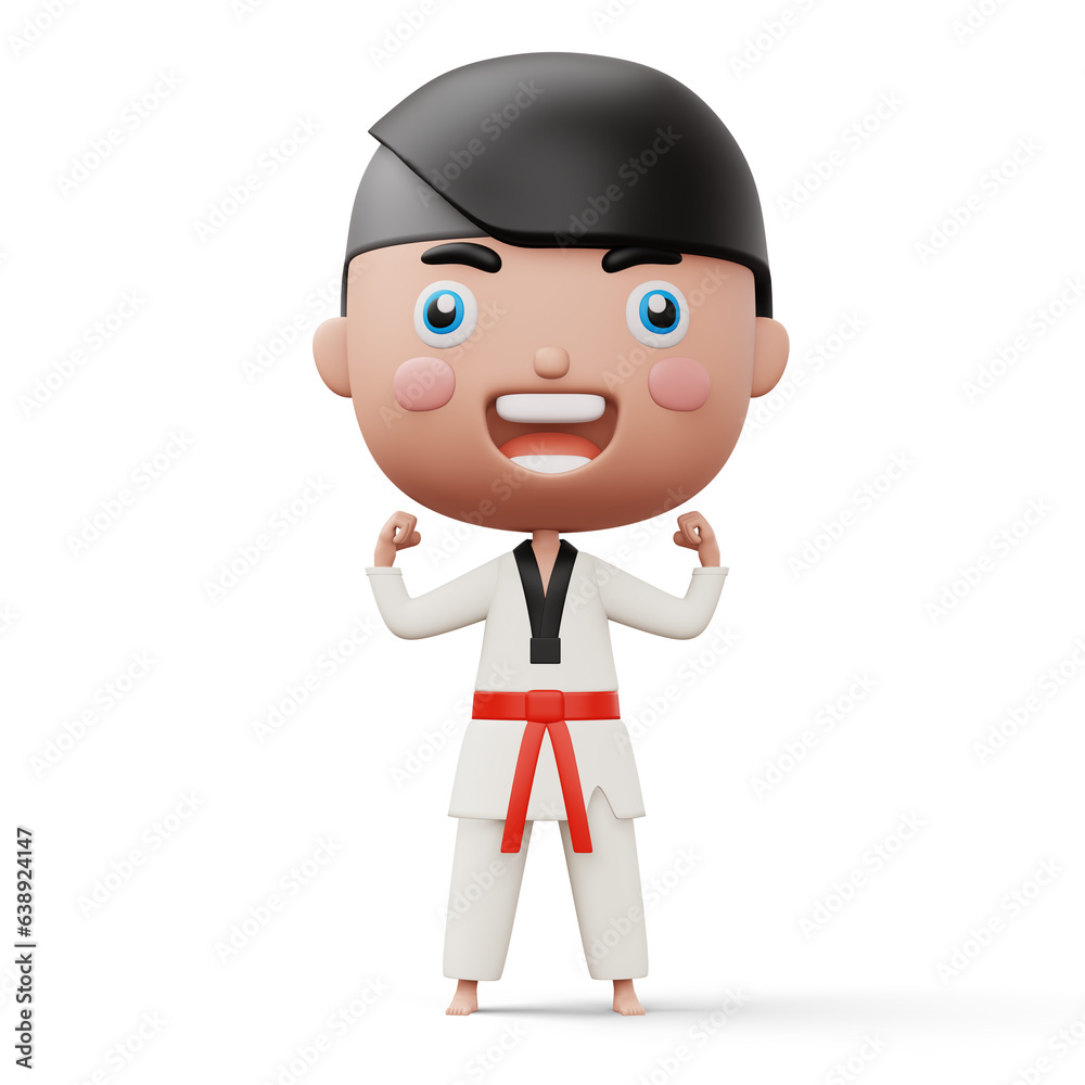 Happy child taekwondo, fighter boy wear taekwondo uniform, kid character, 3d rendering Happy child taekwondo, fighter boy wear taekwondo uniform, kid character, 3d rendering