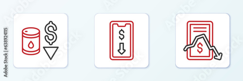 Set line Mobile stock trading, Drop crude oil price and icon. Vector