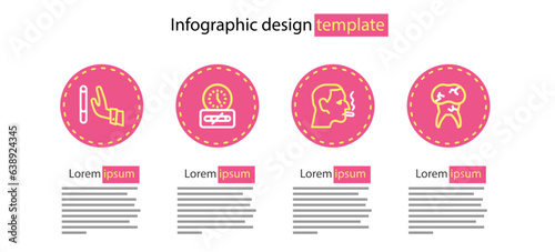 Set line Man smoking a cigarette, Tooth with caries, No time and Giving up icon. Vector