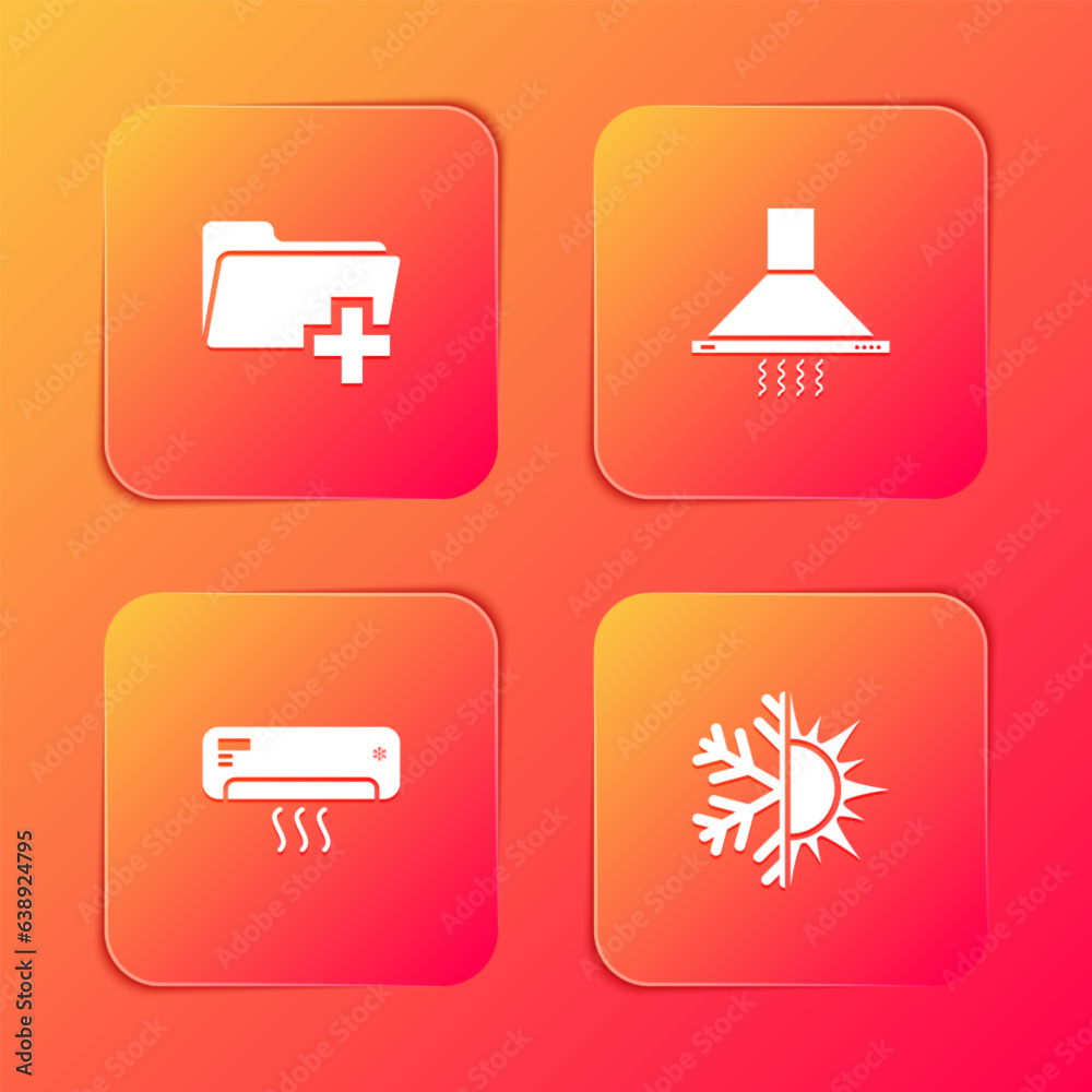 Set Add new folder, Kitchen extractor fan, Air conditioner and Sun and snowflake icon. Vector Set Add new folder, Kitchen extractor fan, Air conditioner and Sun and snowflake icon. Vector