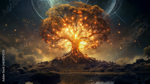 Yggdrasil Tree Of Life. Fantasy Giant Tree. Viking World Tree Of Celtic World. Generative AI