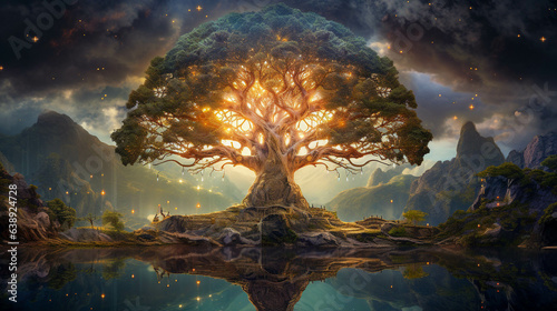 Yggdrasil Tree Of Life. Viking World Tree Of Norse Mythology. Generative AI