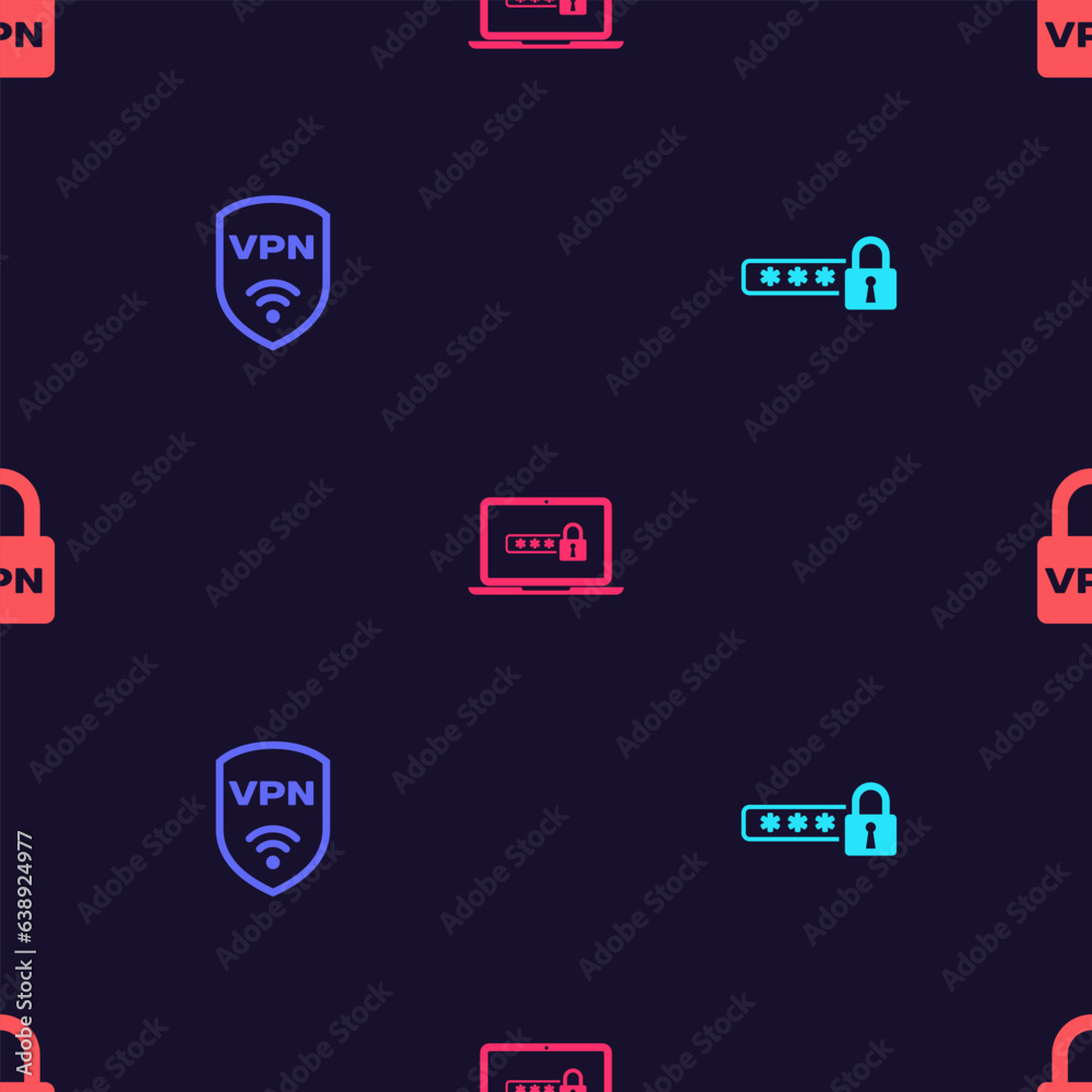 Set Password protection, Shield with VPN wireless, Laptop password and Lock on seamless pattern. Vector Set Password protection, Shield with VPN wireless, Laptop password and Lock on seamless pattern. Vector