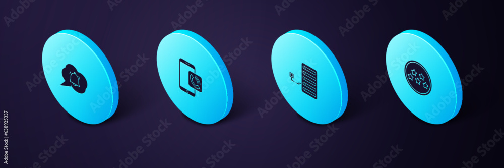 Set Isometric Five stars rating review, Server, Mobile phone call and Speech bubble chat notification icon. Vector Set Isometric Five stars rating review, Server, Mobile phone call and Speech bubble chat notification icon. Vector