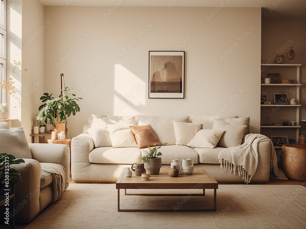 Fototapeta premium Sophisticated beige living room featuring warmth. AI Generative.