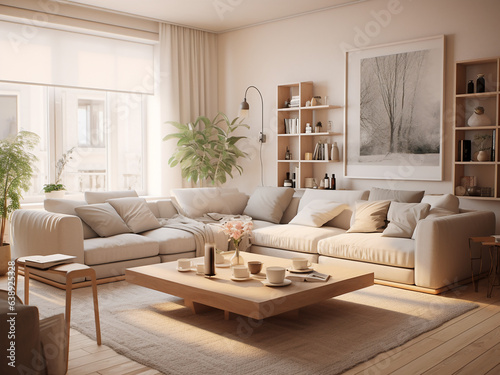 Elegant beige living room with tasteful accents. AI Generative. © Llama-World-studio