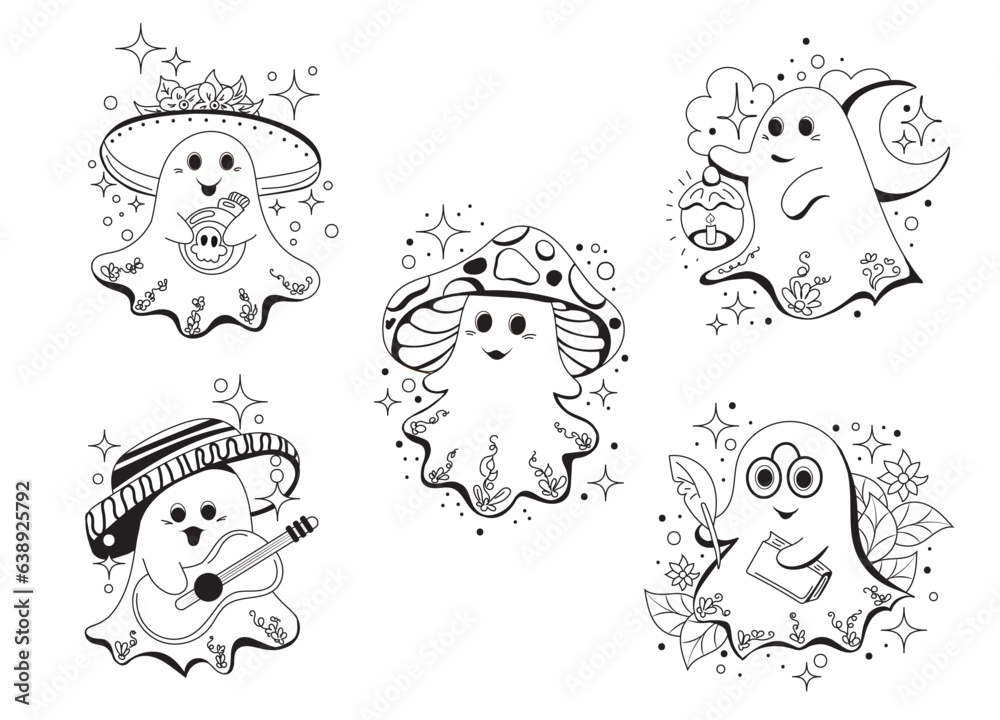Set of hand drawn cartoon cute ghosts for Halloween. Black and white drawing for coloring book doodle style. Isolated design element on white background. Vector illustration. 