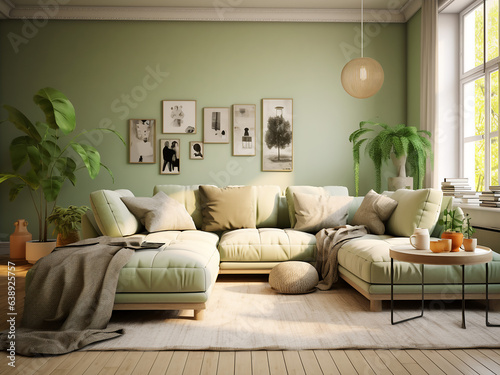 Green living room showcasing comfortable furniture. AI Generative.