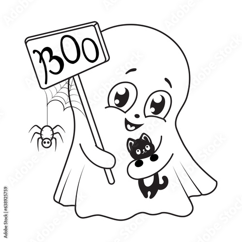 Black and white drawing cute cartoon Halloween ghost with black cat spider and spider web. Isolated element on white background. Design for print, greeting card, print, poster, social media post. 