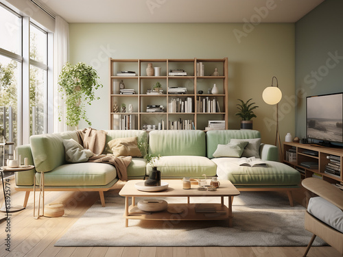 Welcoming green living room with organic elements. AI Generative.
