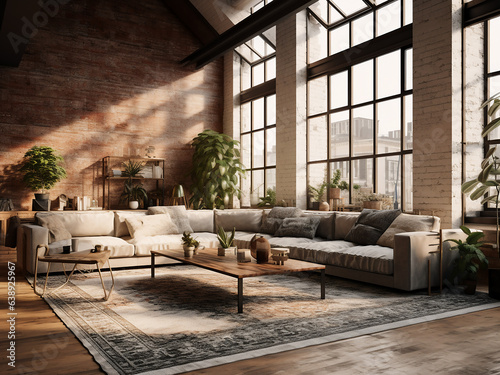 Loft living room with repurposed furniture. AI Generative. © Llama-World-studio