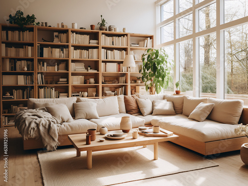 Cozy light wood living room interior with natural decor. AI Generative.