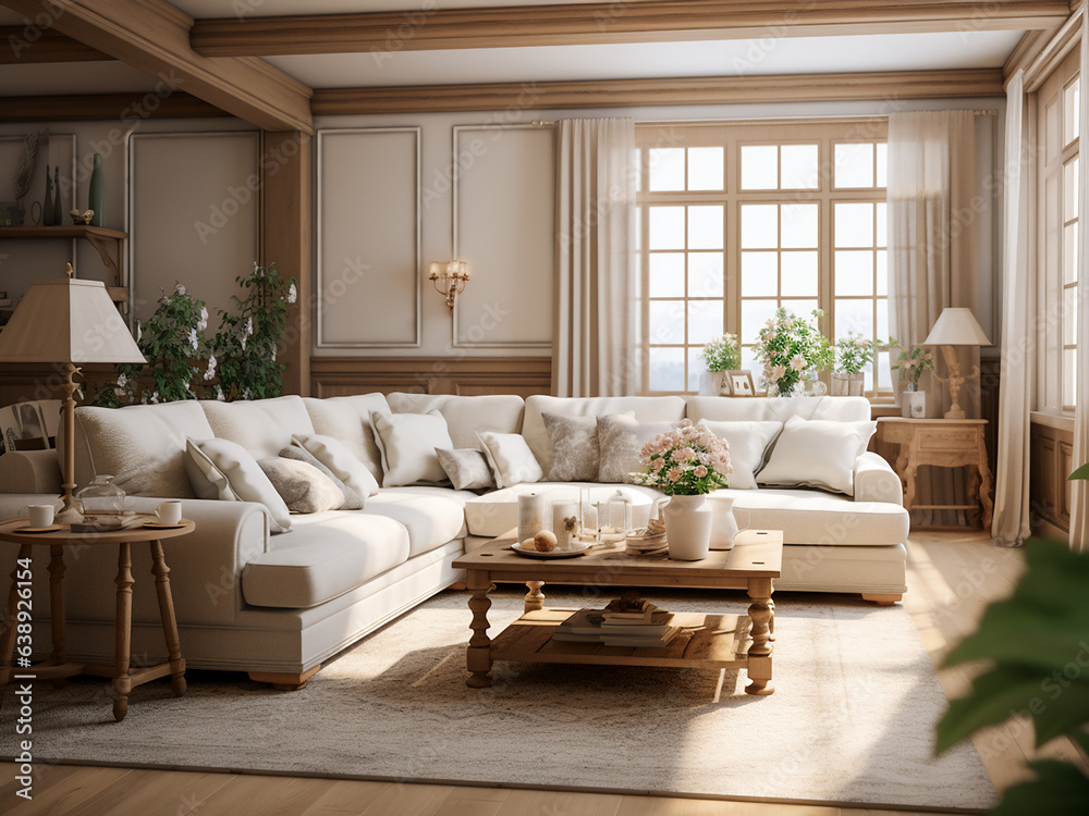 Bright Provence living room boasting a relaxed atmosphere. AI Generative.