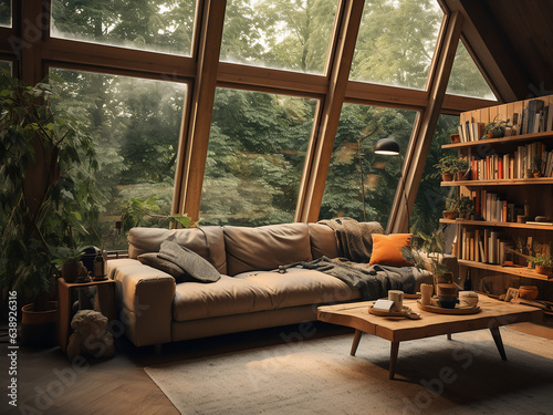 Natural and serene wood living room space. AI Generative. © Llama-World-studio