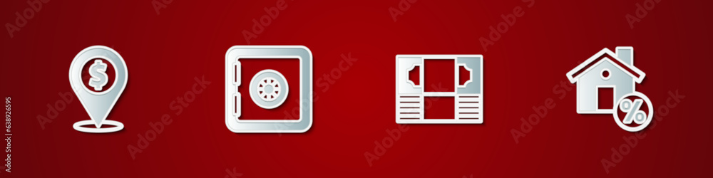 Set Cash location, Safe, Stacks paper money cash and House with percant discount icon. Vector Set Cash location, Safe, Stacks paper money cash and House with percant discount icon. Vector
