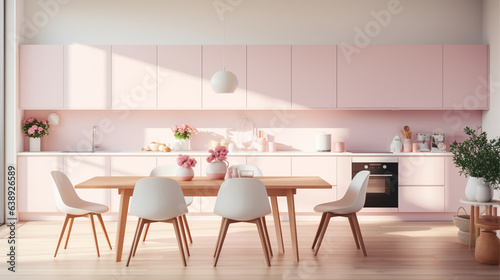 Kitchen room, pastel colour, white room , clean lighting.
