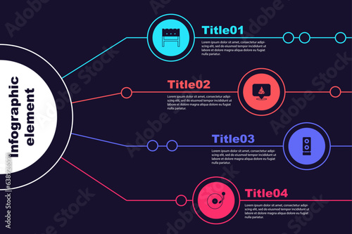 Set BBQ brazier, Slice of pizza, Stereo speaker and Vinyl player with disk. Business infographic template. Vector