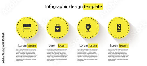 Set BBQ brazier, Shopping bag with heart, Slice of pizza and Stereo speaker. Business infographic template. Vector