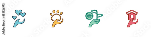 Set Heart in hand, Animal volunteer, Leaf and Shelter for homeless icon. Vector