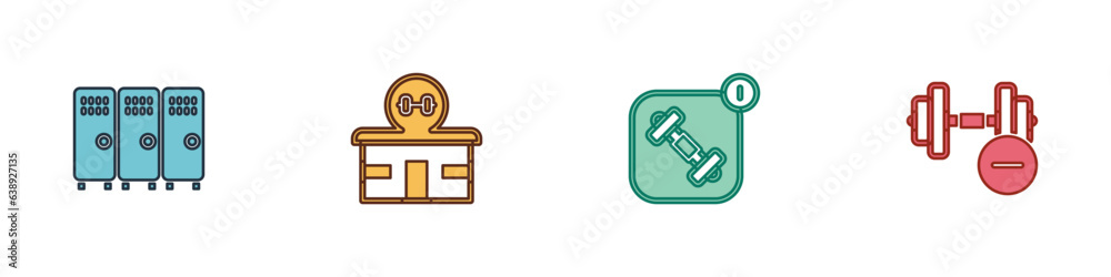Set Locker or changing room, Gym building, Fitness app and Dumbbell icon. Vector Set Locker or changing room, Gym building, Fitness app and Dumbbell icon. Vector
