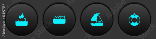 Set Iceberg, Sharp stone reefs, Yacht sailboat and Lifebuoy icon. Vector