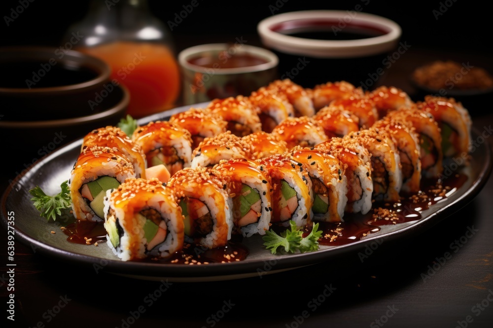 A plate of sushi rolls with a variety of fillings, served with soy sauce and wasabi. Generative AI