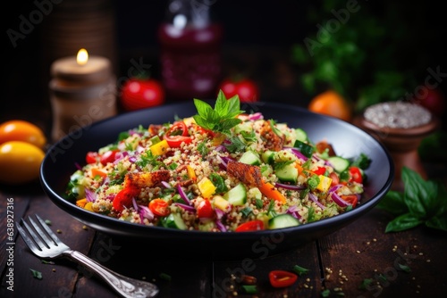 A colorful bowl of quinoa salad with mixed vegetables and a zesty vinaigrette. Generative AI