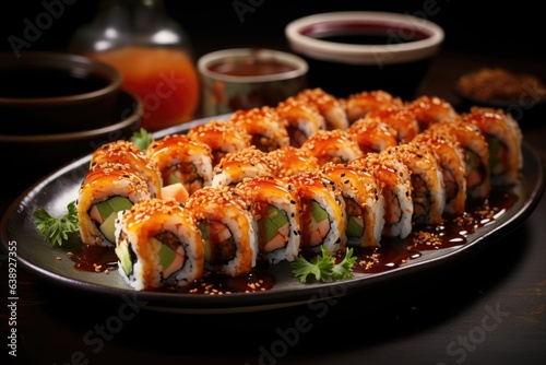 A plate of sushi rolls with a variety of fillings, served with soy sauce and wasabi. Generative AI