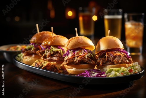 A tray of bite-sized sliders with mini pulled pork sandwiches and coleslaw. Generative AI