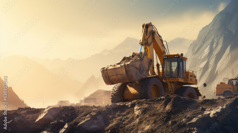 A large construction back hoe vehicle on a large rock pile with another construction vehicle working in the background. Sky is hazy to indicate dust and an active work site.