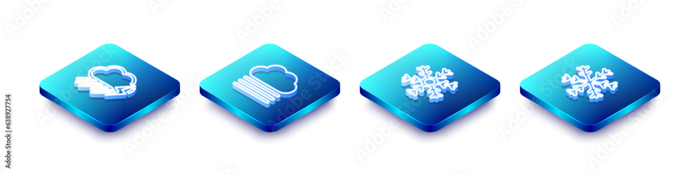 Set Isometric line Cloud with rain and lightning, Fog cloud, Snowflake and icon. Vector