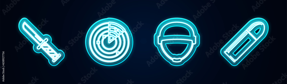 Set line Military knife, Radar with targets, helmet and Bullet. Glowing neon icon. Vector Set line Military knife, Radar with targets, helmet and Bullet. Glowing neon icon. Vector