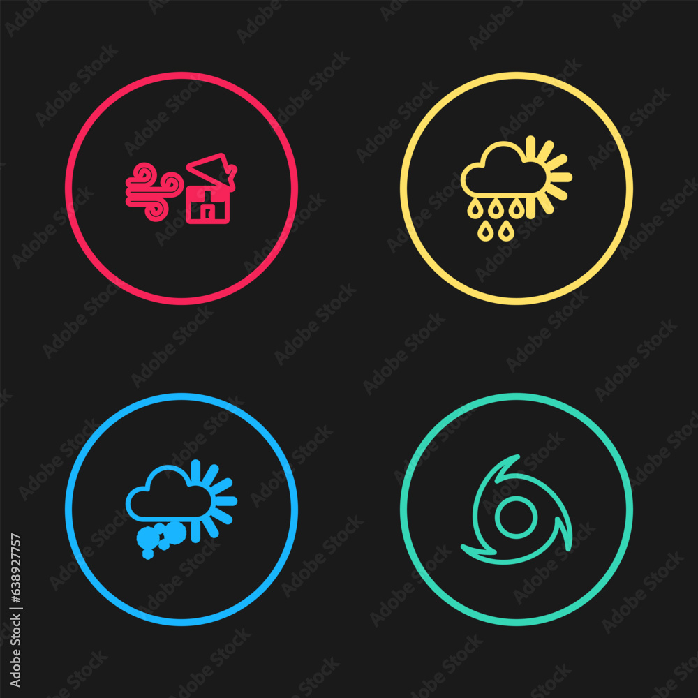Set line Cloudy with snow, Tornado, rain and sun and swirl icon. Vector Set line Cloudy with snow, Tornado, rain and sun and swirl icon. Vector