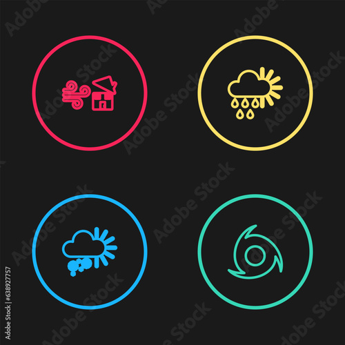 Set line Cloudy with snow  Tornado  rain and sun and swirl icon. Vector