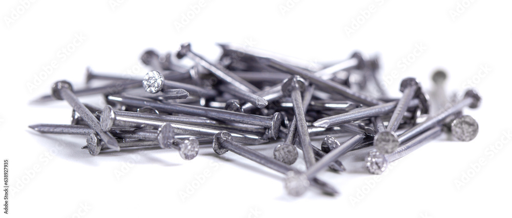 Pile of small grey metal nails isolated on white background. Close-up Pile of small grey metal nails isolated on white background. Close-up