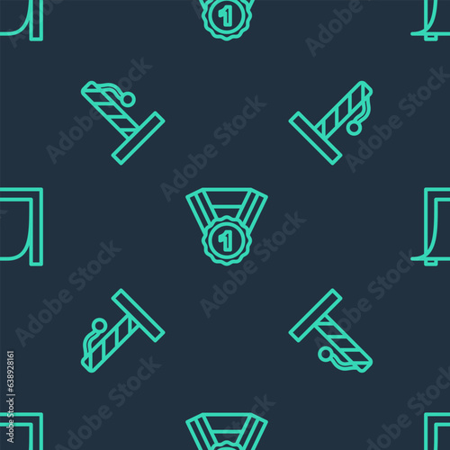 Set line Dog award symbol, Cat scratching post and Door for pet on seamless pattern. Vector