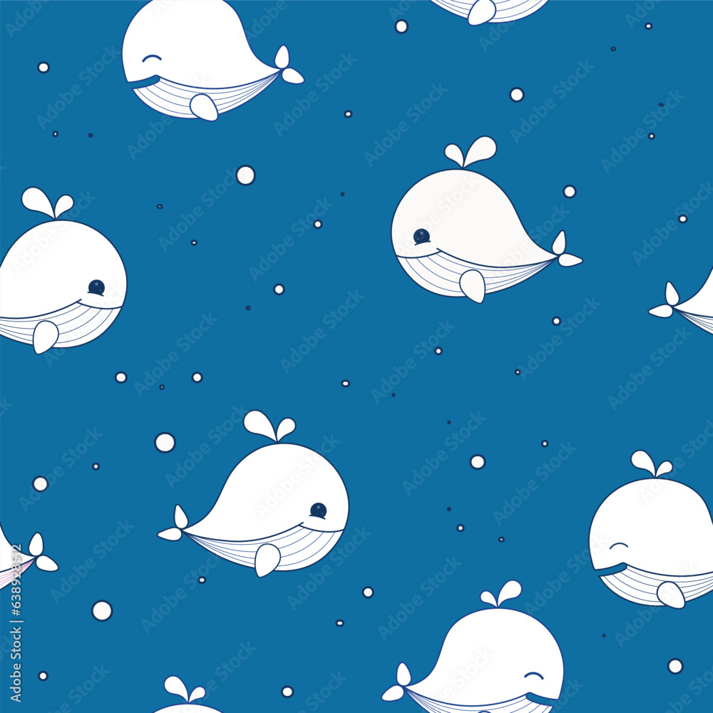 Seamless pattern with milimi little whales. Vector pattern on a blue background with sea Mammals. 