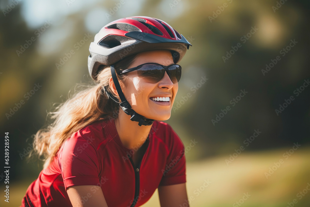 Smiling Woman Cycling on a Scenic Route Smiling Woman Cycling on a Scenic Route