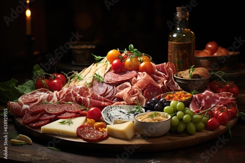 A plate of antipasto with cured meats, marinated vegetables, and a variety of cheeses. Generative AI
