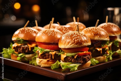 A platter of sliders with mini burgers topped with cheese, lettuce, and tomato. Generative AI