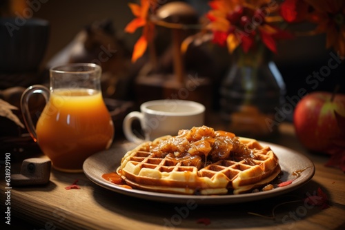A rustic wooden table set with a cozy fall-themed brunch featuring pumpkin waffles and apple cider. Generative AI