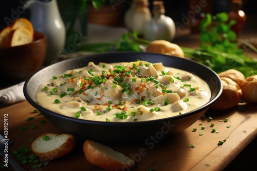 A bowl of creamy chowder with tender clams and chunks of potatoes. Generative AI