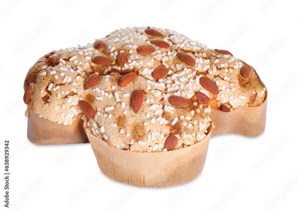 Delicious Italian Easter dove cake (Colomba di Pasqua) decorated with sugar and almonds on white background Delicious Italian Easter dove cake (Colomba di Pasqua) decorated with sugar and almonds on white background