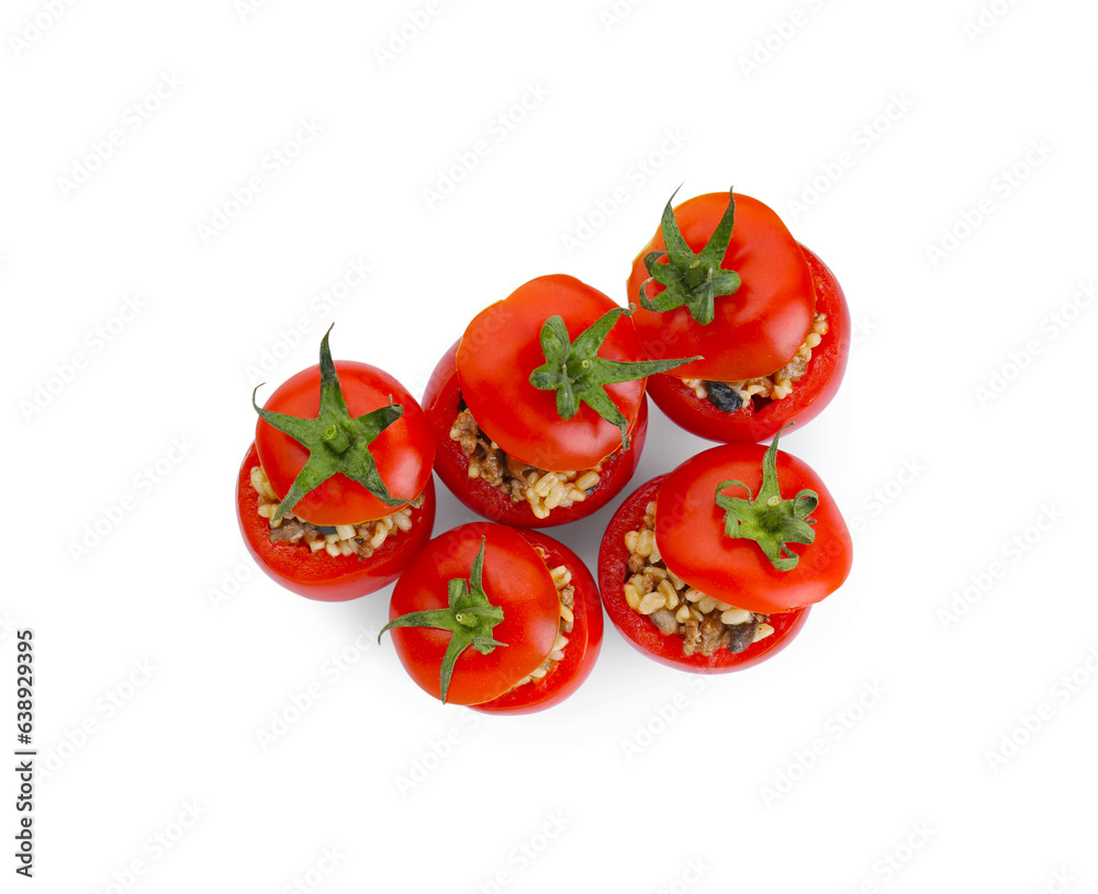 Delicious stuffed tomatoes with minced beef, bulgur and mushrooms isolated on white, top view Delicious stuffed tomatoes with minced beef, bulgur and mushrooms isolated on white, top view
