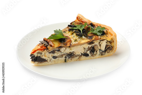 Piece of delicious quiche with mushrooms isolated on white