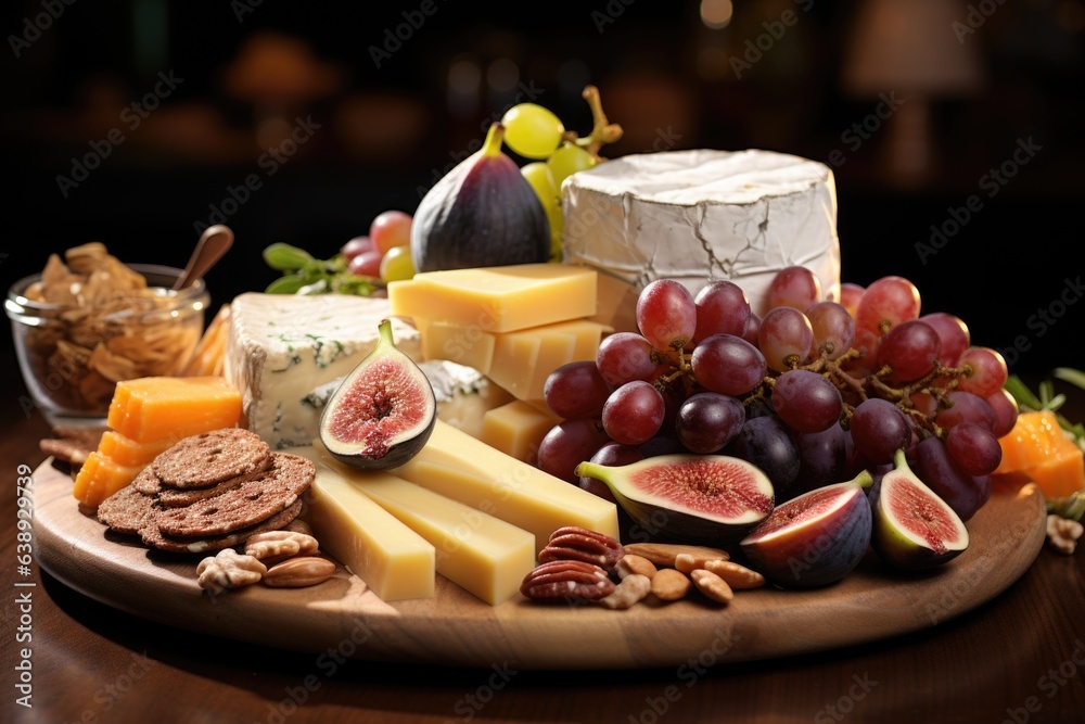 A close-up of a cheese and charcuterie board with figs, grapes, and artisanal crackers. Generative AI