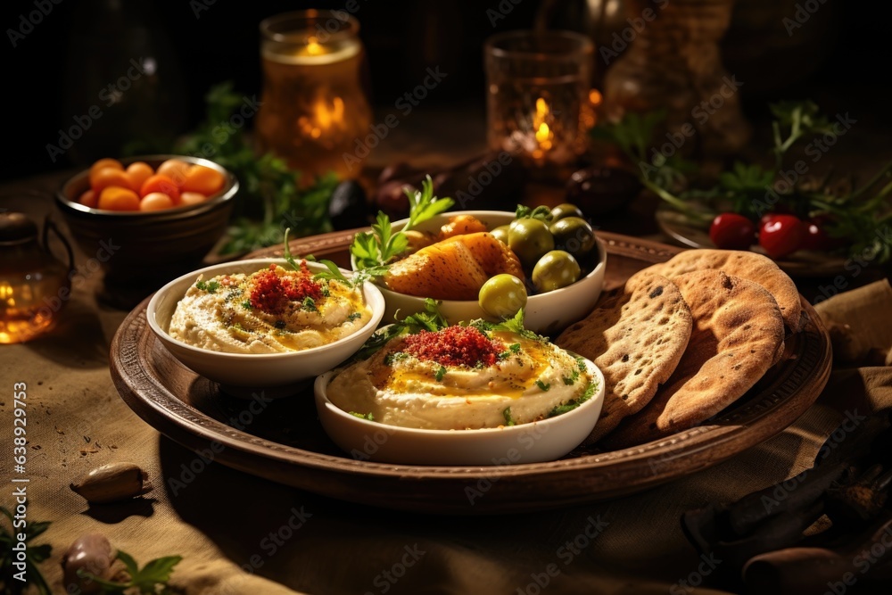 A plate of Mediterranean mezze featuring hummus, pita bread, olives, and falafel. Generative AI