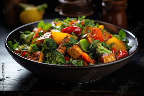 A colorful bowl of vegetable stir-fry with tofu, bell peppers, and broccoli. Generative AI